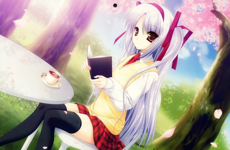 Anime Girl Reading Book — White, Serene, Spring