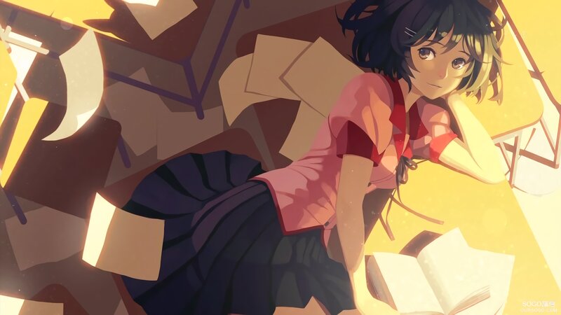 Anime Girl Reading Book — Yellow, Calm, Afternoon, Desk