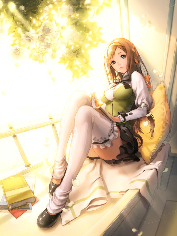Anime Girl Reading Book — Yellow, Serene, Afternoon, Digital Art, Pillow