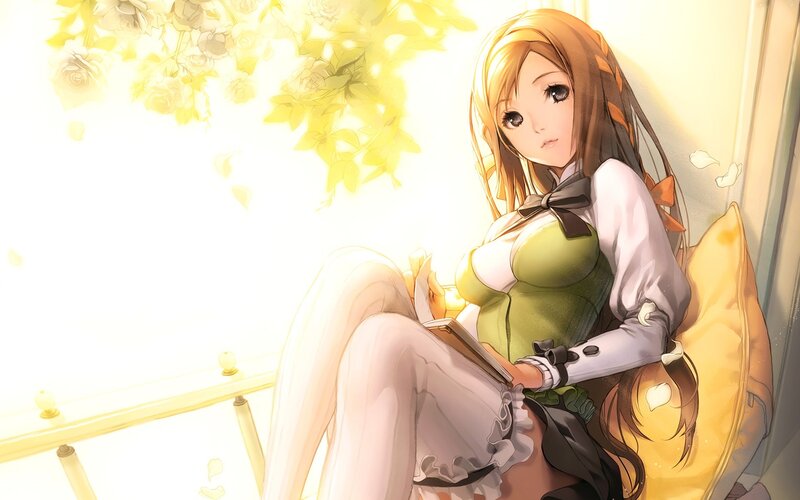 Anime Girl Reading Book — Yellow, Serene, Afternoon, Digital Art