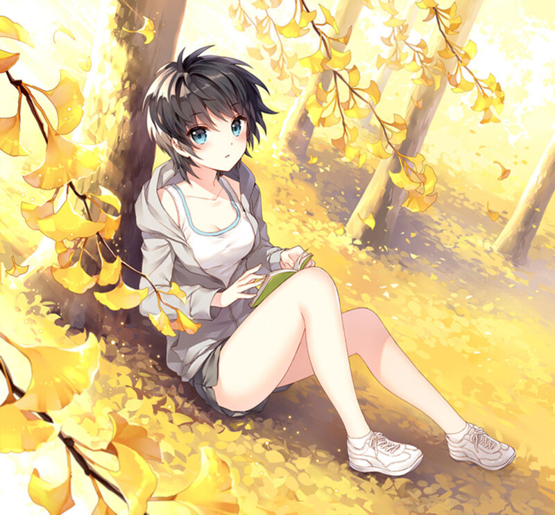 Anime Girl Reading Book — Yellow, Serene, Autumn, Digital Art