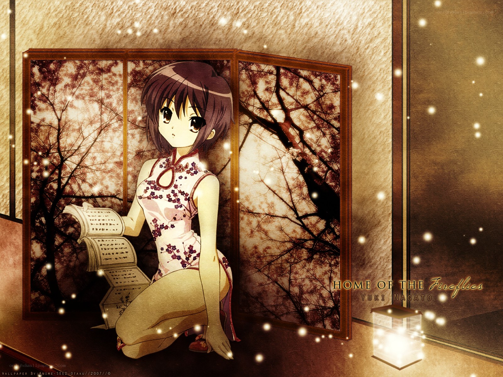 Anime girl reading by lantern