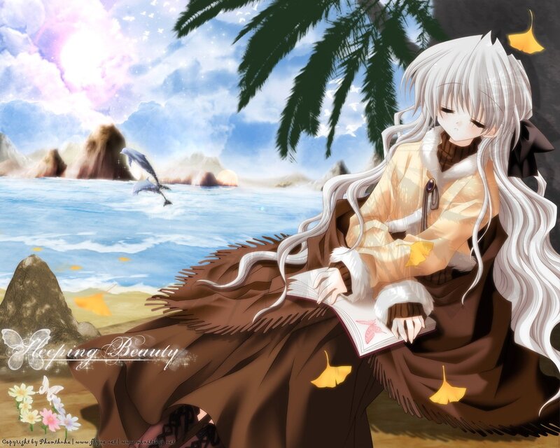 Anime girl reading by the sea