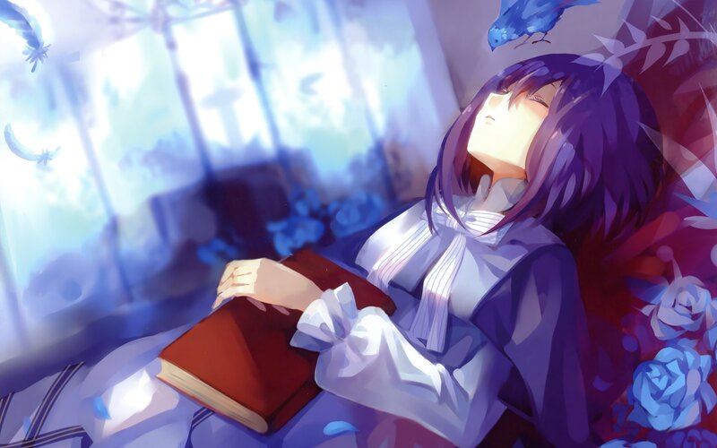 Anime girl reading by window