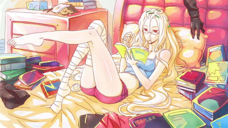 Anime girl reading in a book-filled room