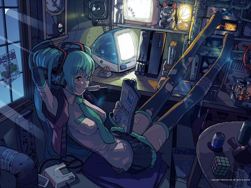 Anime girl reading in a cluttered room