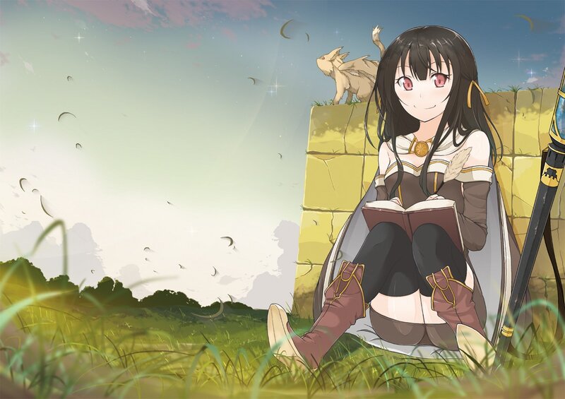 Anime girl reading in a field