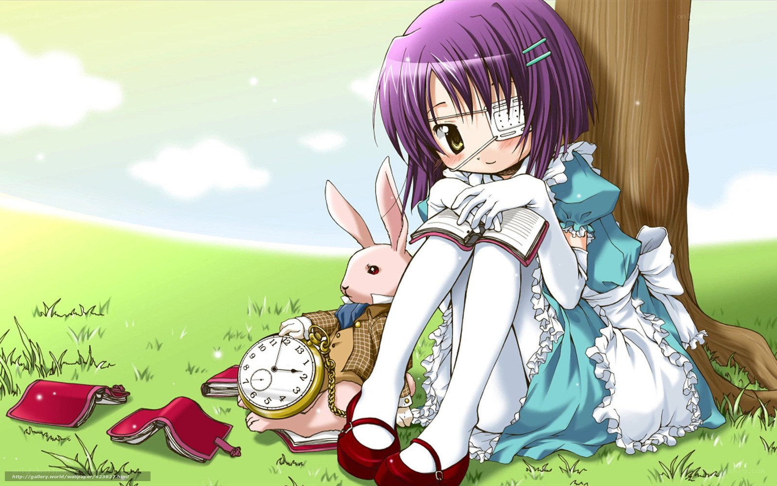 Anime girl reading in a field