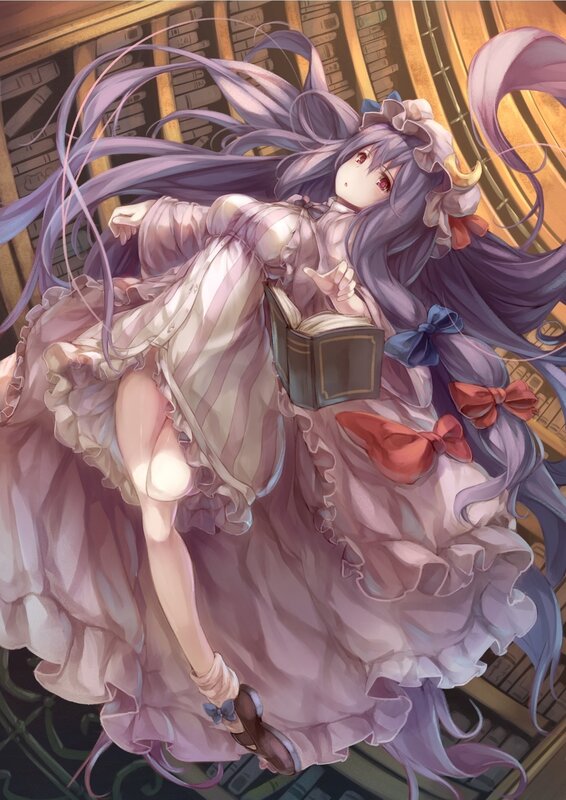 Anime girl reading in a library