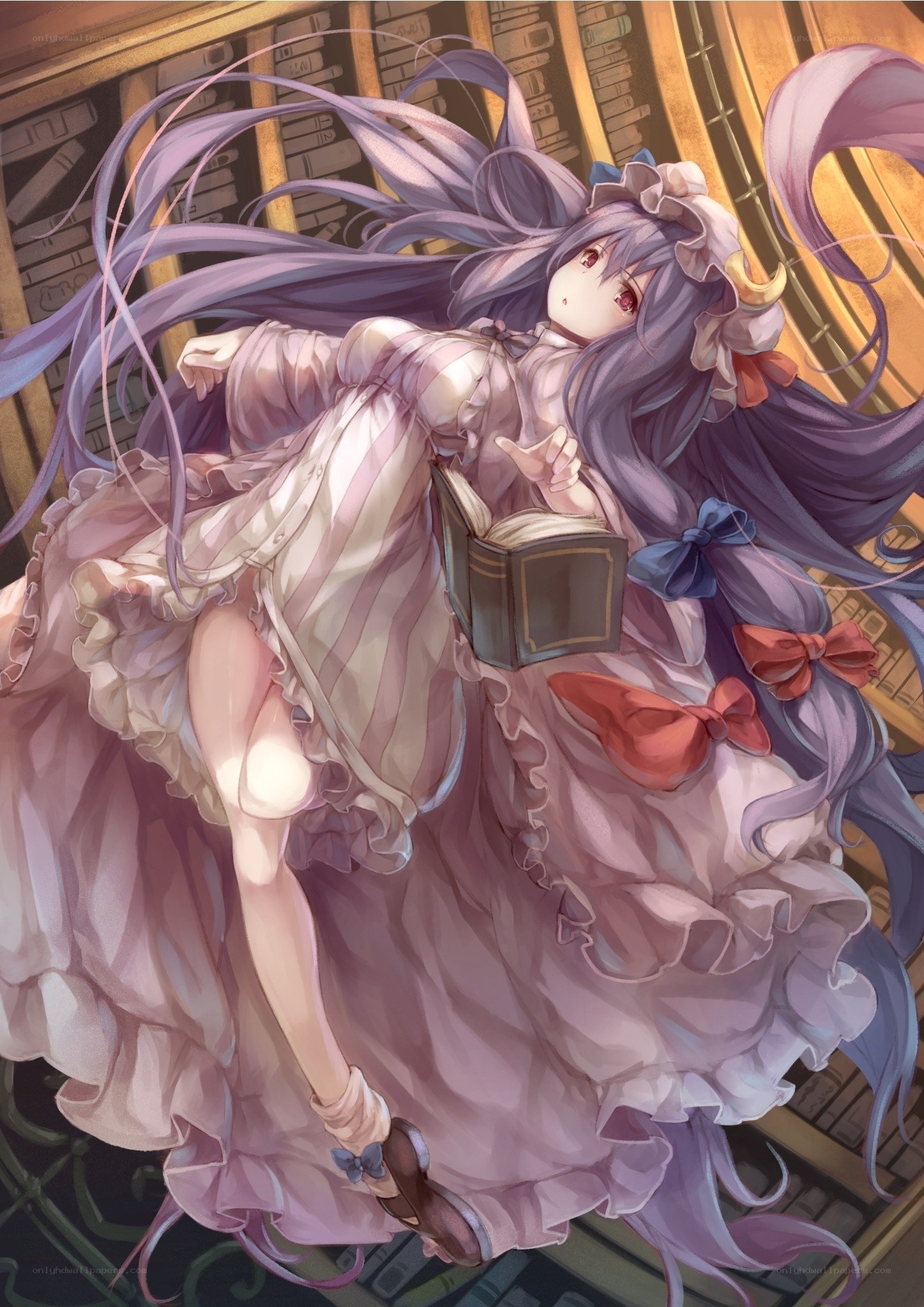 Anime girl reading in a library