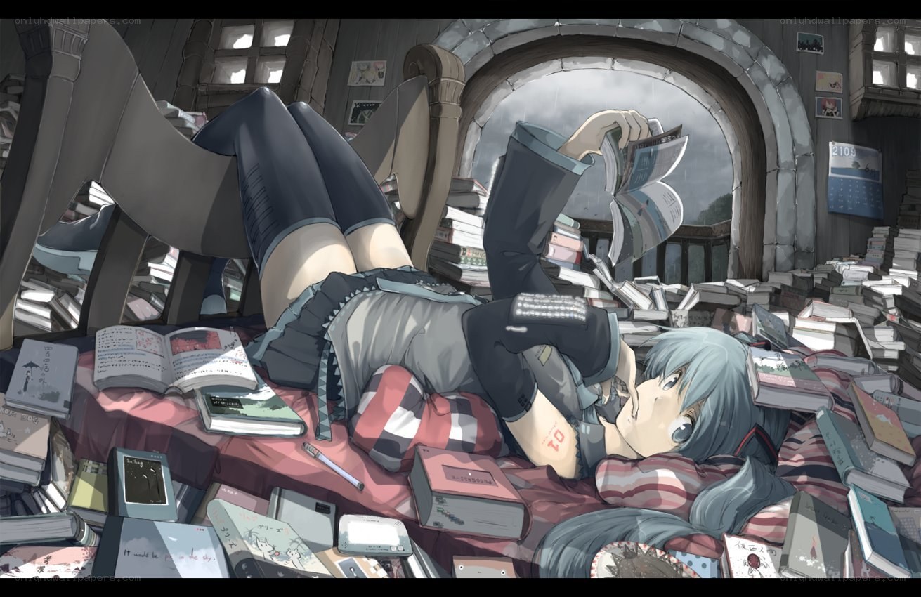 Anime girl reading in a library