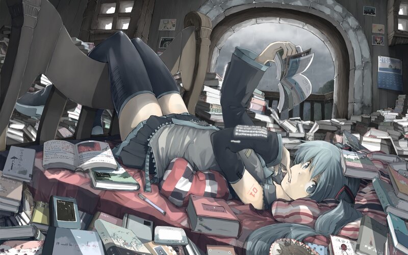 Anime girl reading in a library