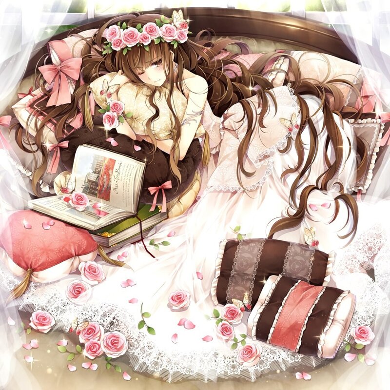 Anime girl reading in bed