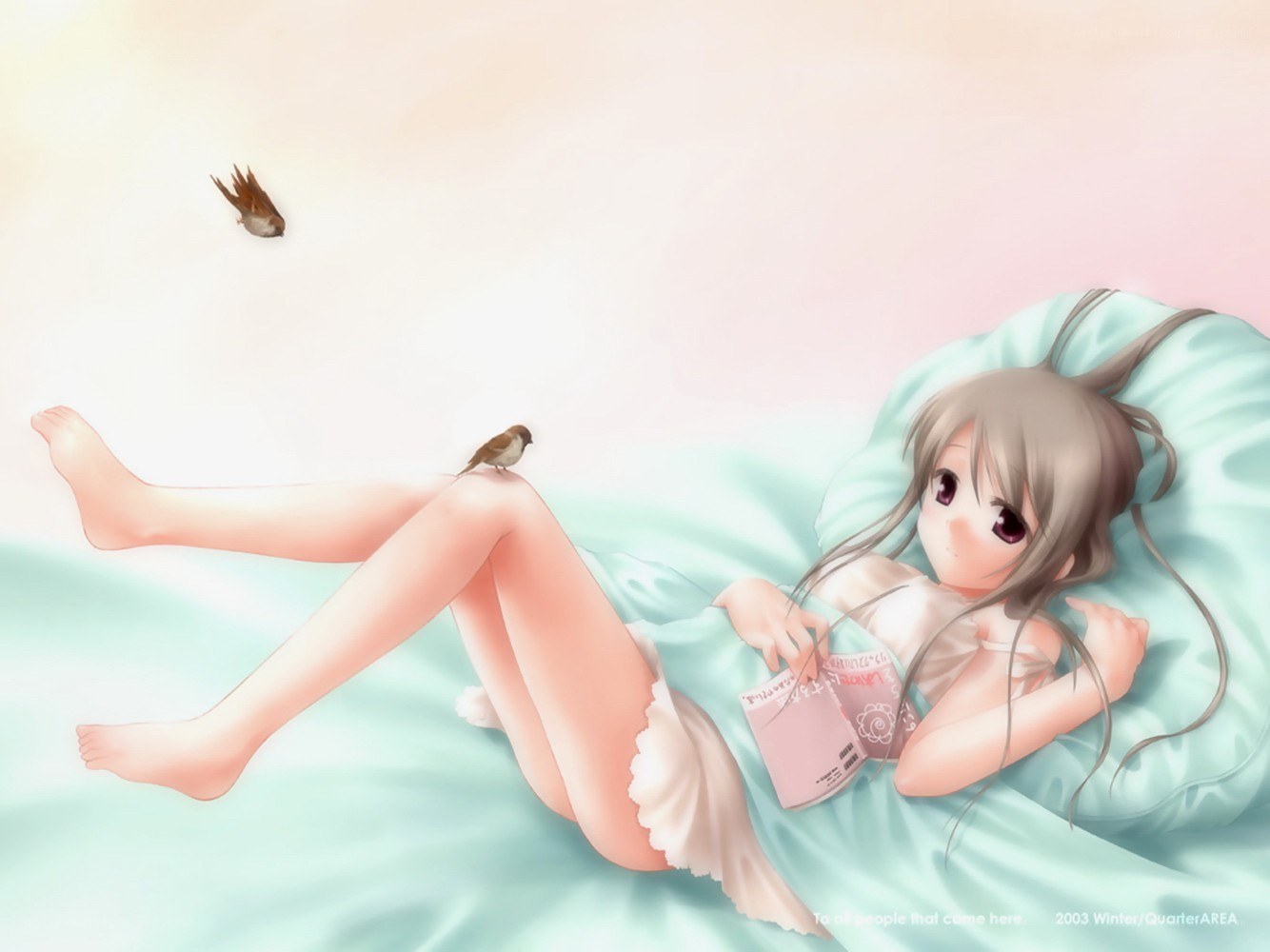Anime girl reading in bed