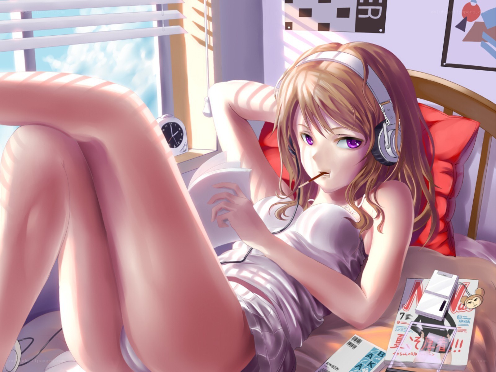 anime girl reading in bed