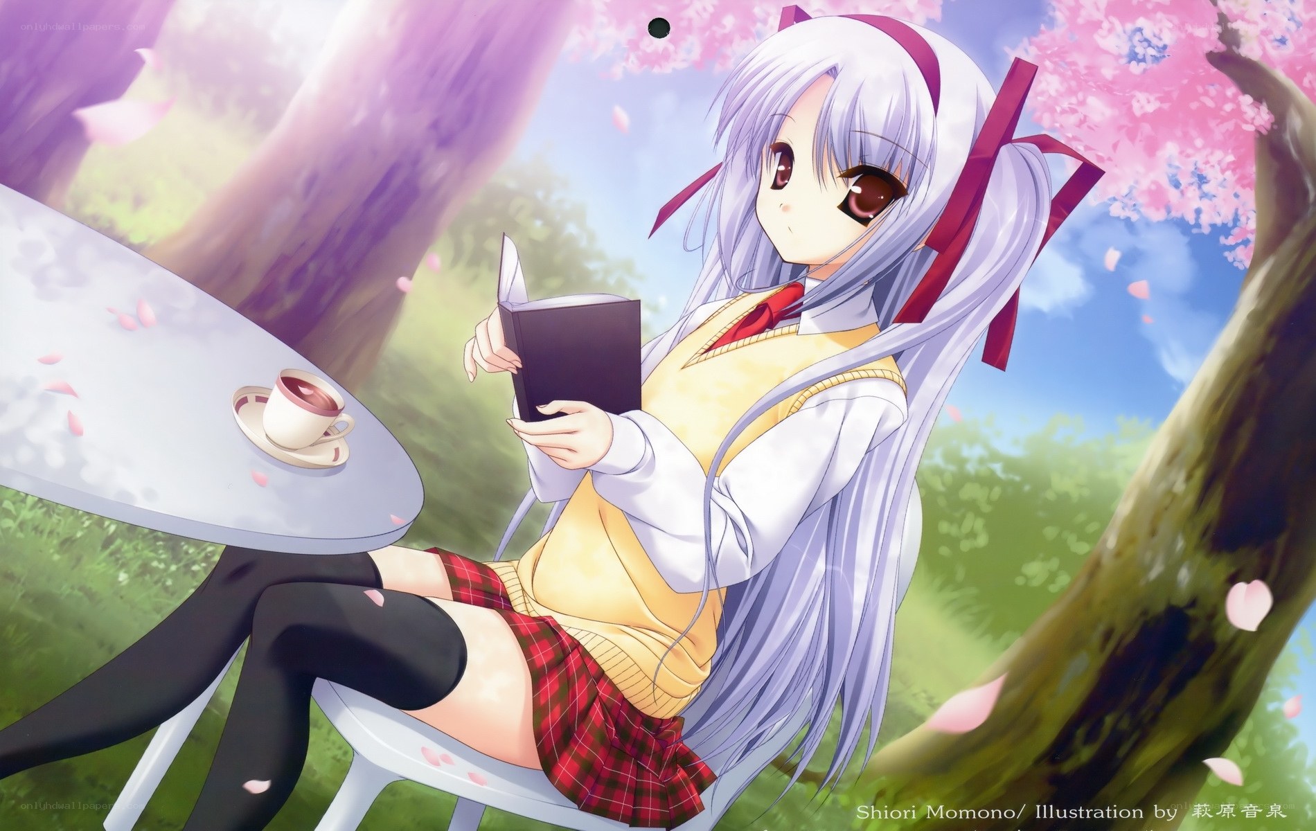 Anime girl reading in cherry blossom