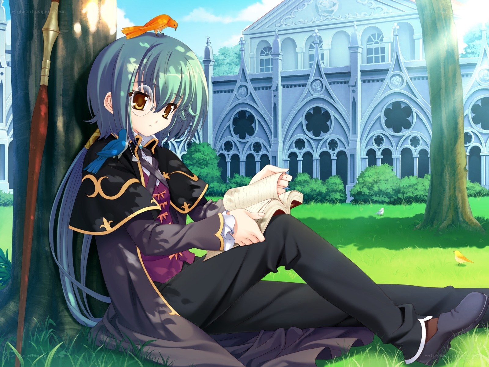 Anime girl reading in garden