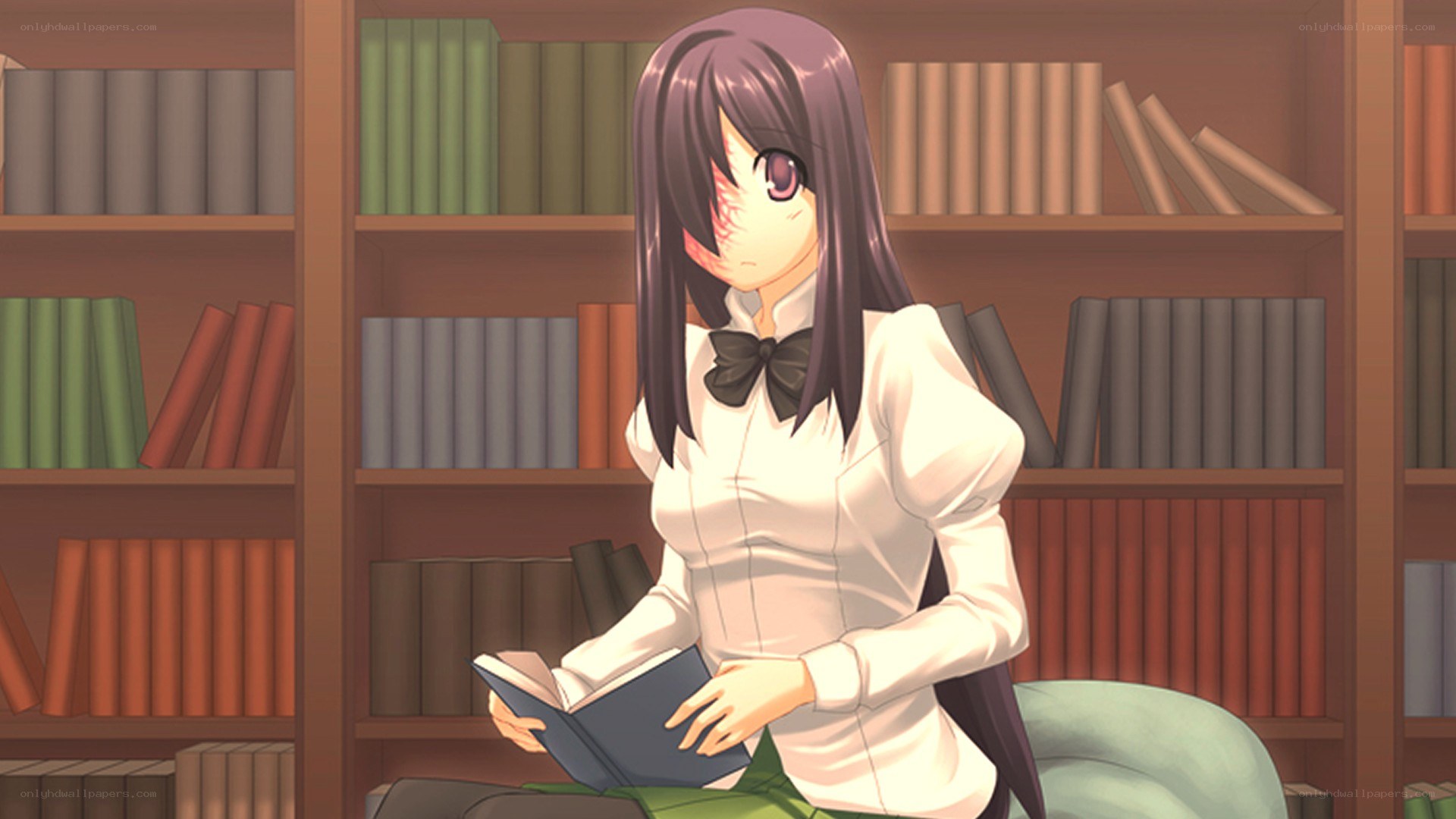 Anime girl reading in library