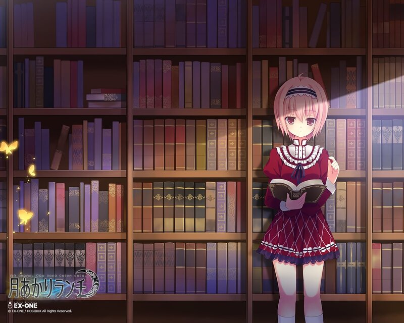 Anime girl reading in library