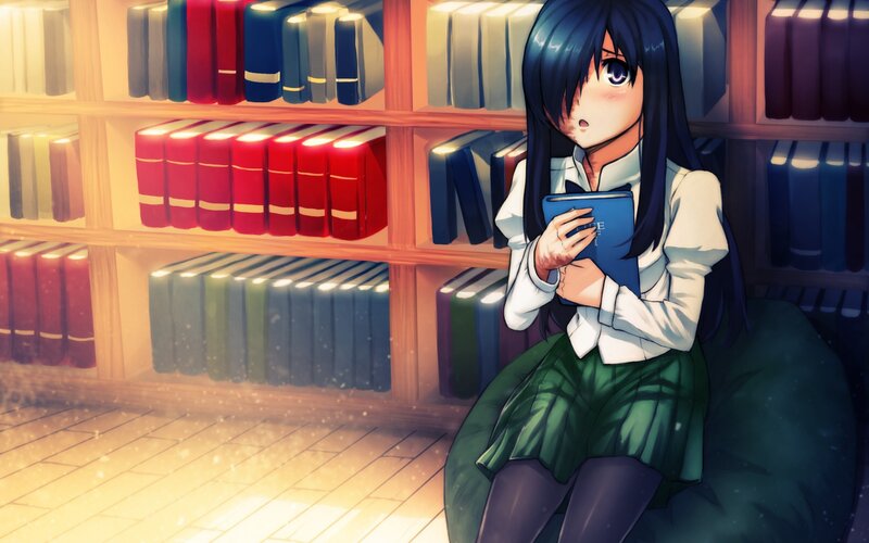anime girl reading in library