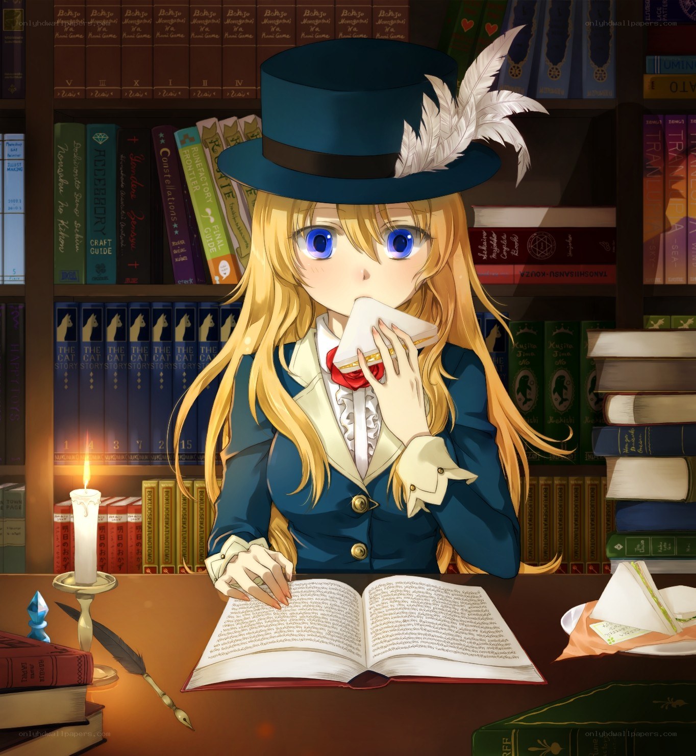 anime girl reading in library