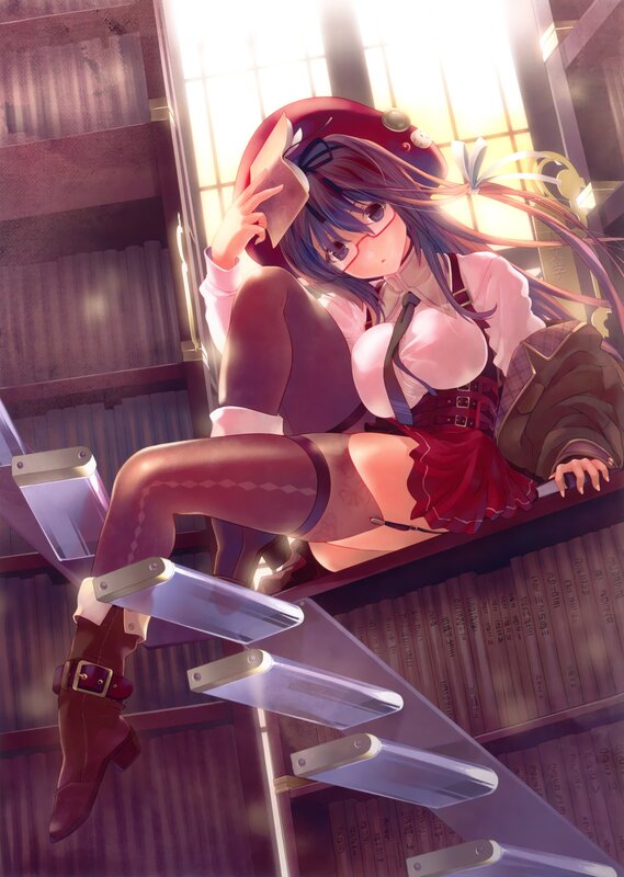Anime girl reading in library