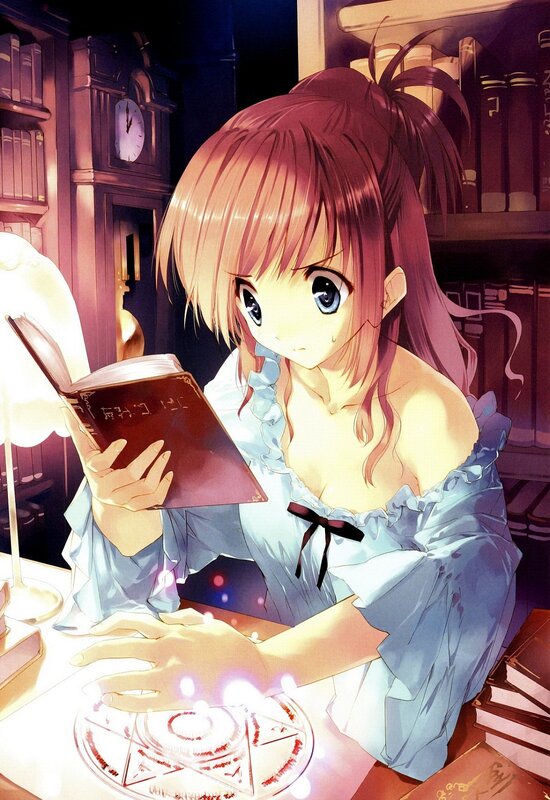 Anime girl reading in library