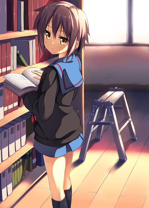 anime girl reading in library