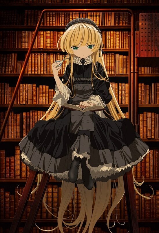 Anime girl reading in library
