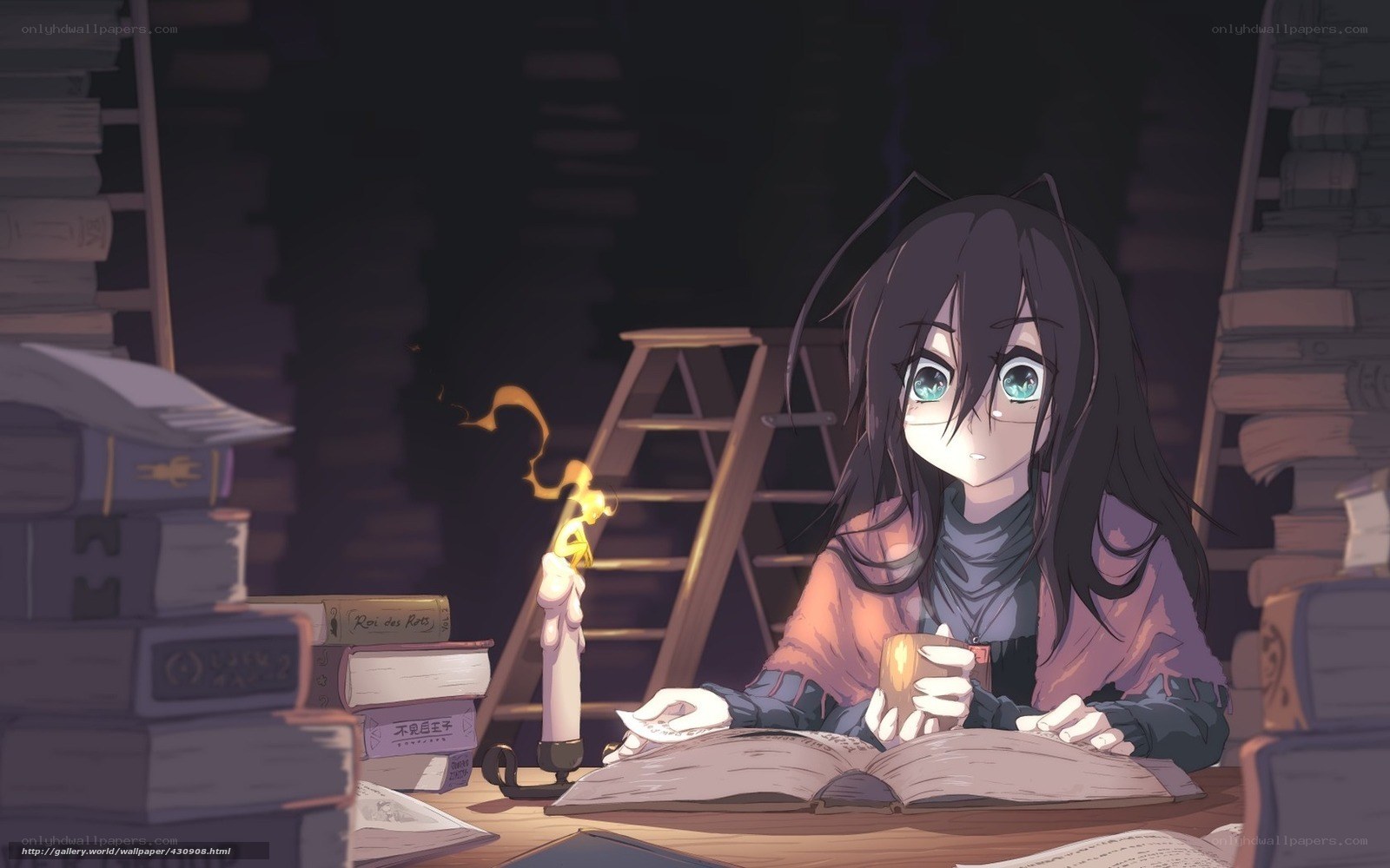 anime girl reading in library