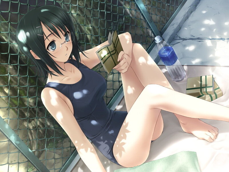 Anime girl reading in swimsuit