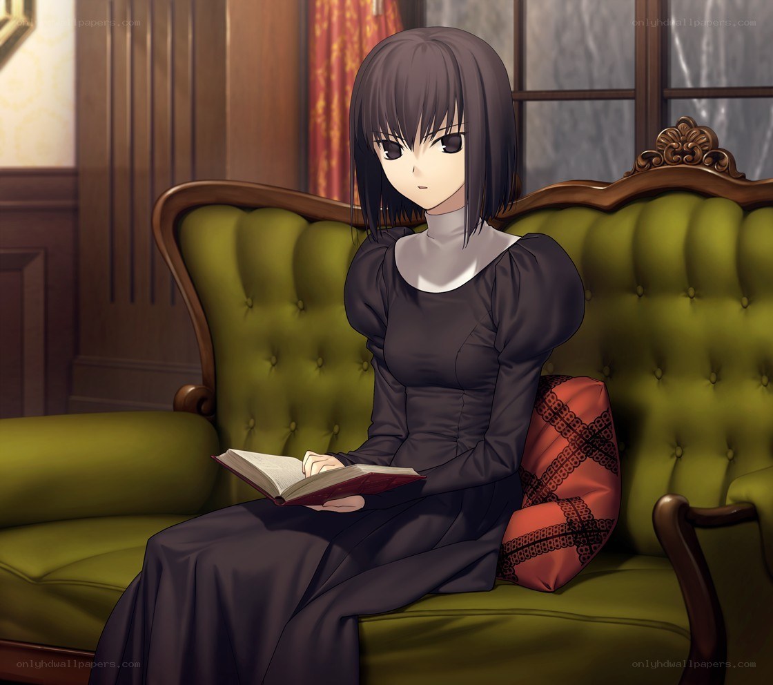 anime girl reading on a sofa