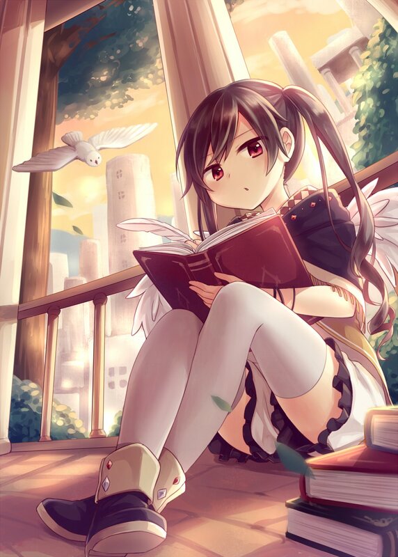 Anime girl reading on balcony