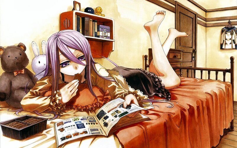 Anime girl reading on bed