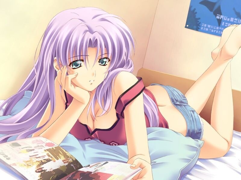 anime girl reading on bed