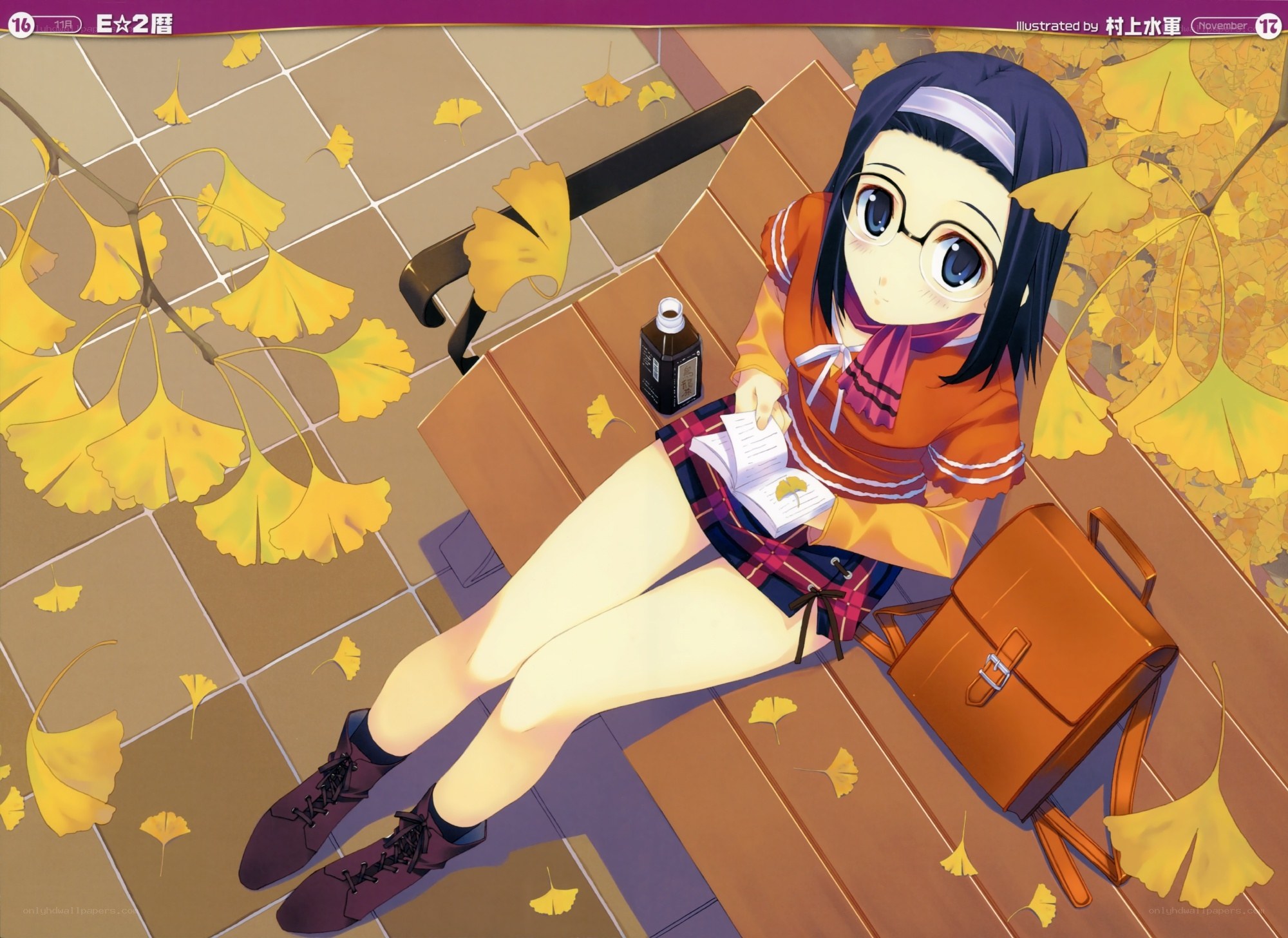 Anime girl reading on bench