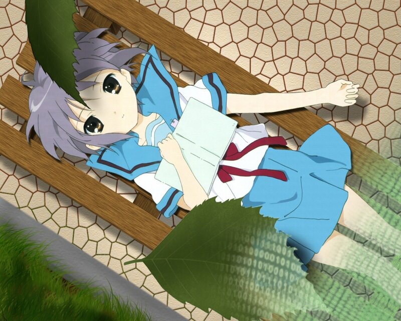 anime girl reading on bench