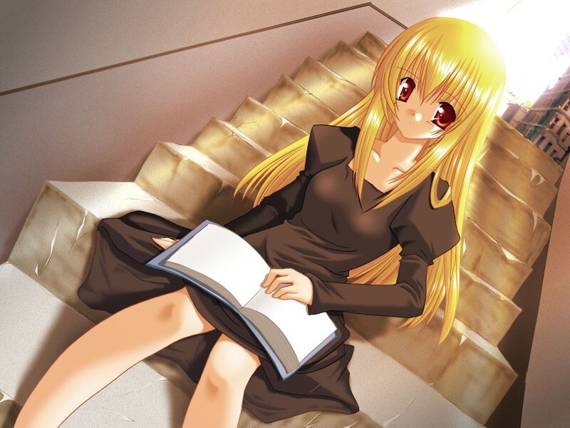 Anime girl reading on stairs