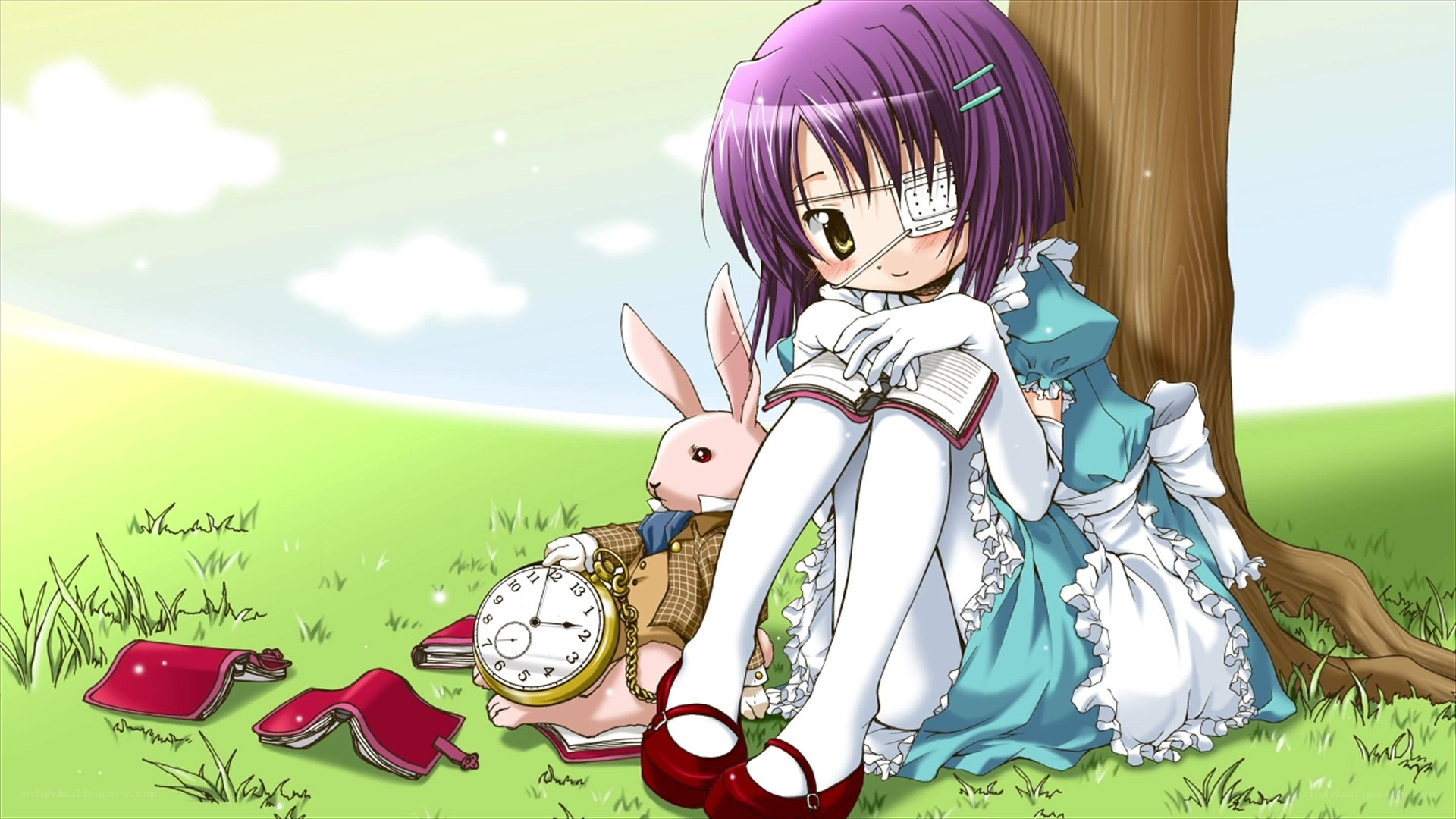 Anime girl reading under a tree