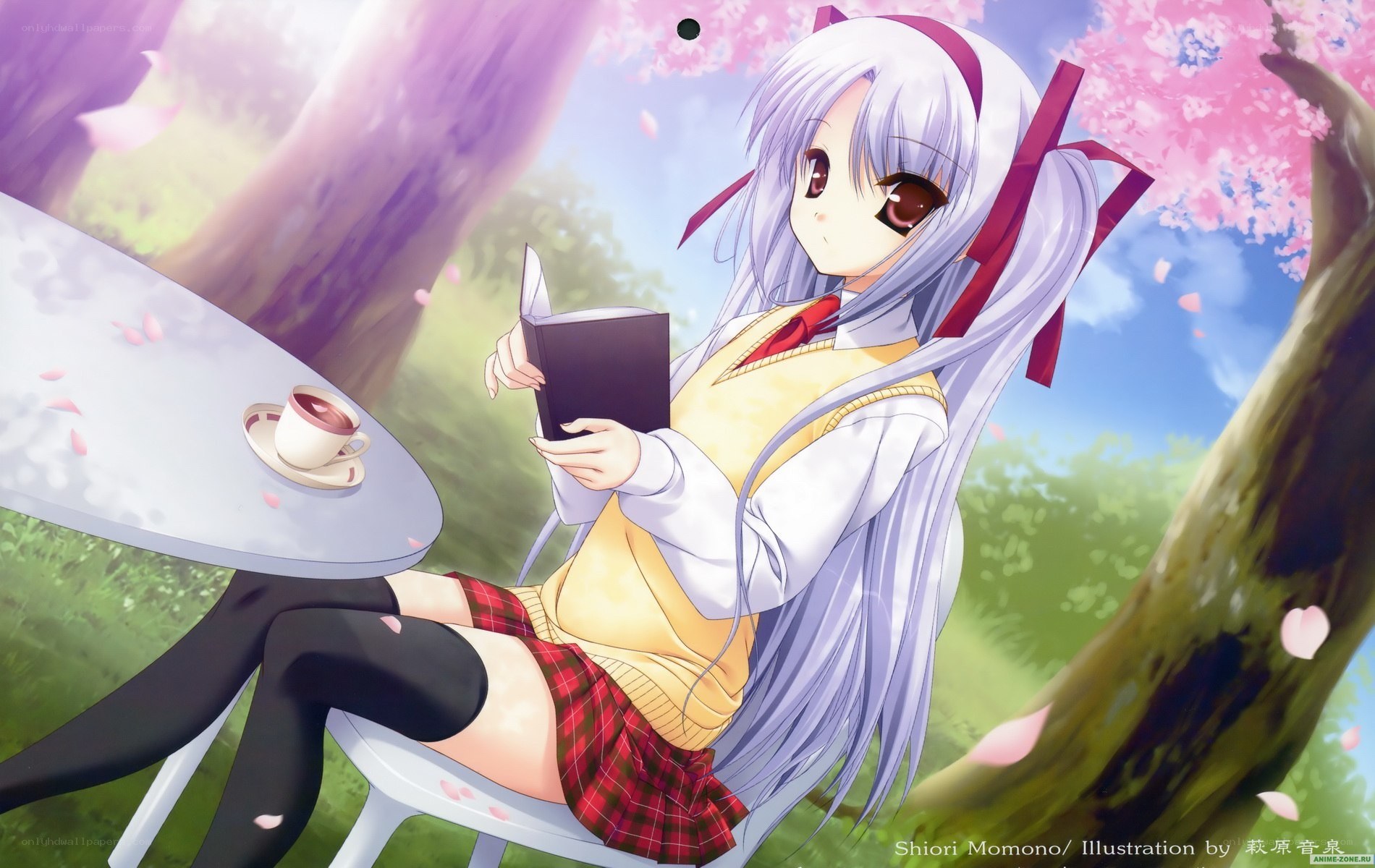 Anime girl reading under cherry blossoms