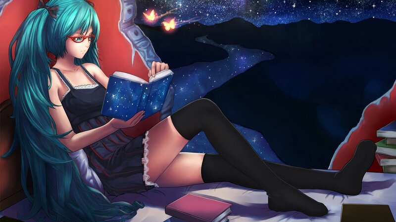 Anime girl reading under stars