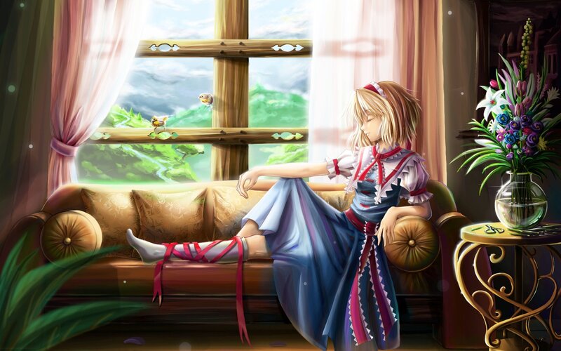 Anime girl relaxing by window