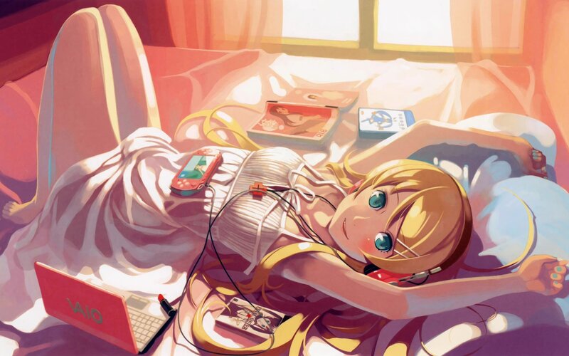 Anime girl relaxing in bed