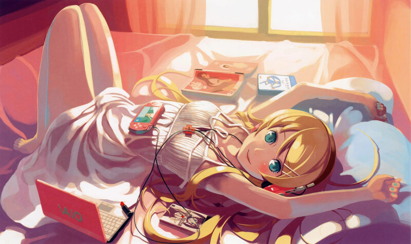 Anime girl relaxing in bed