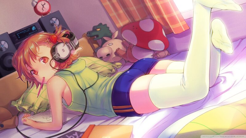 Anime girl relaxing on bed