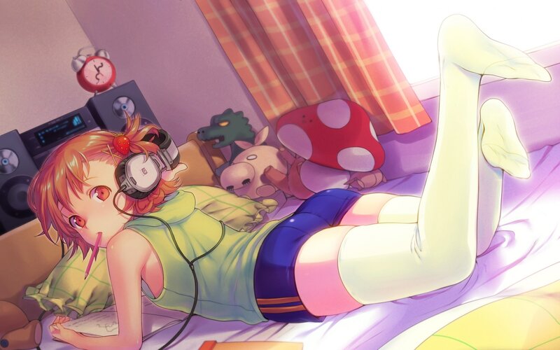 Anime girl relaxing on bed