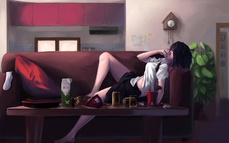 Anime girl relaxing on couch