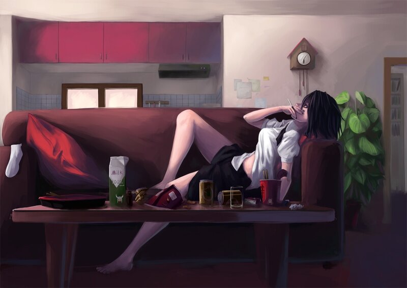 Anime girl relaxing on couch