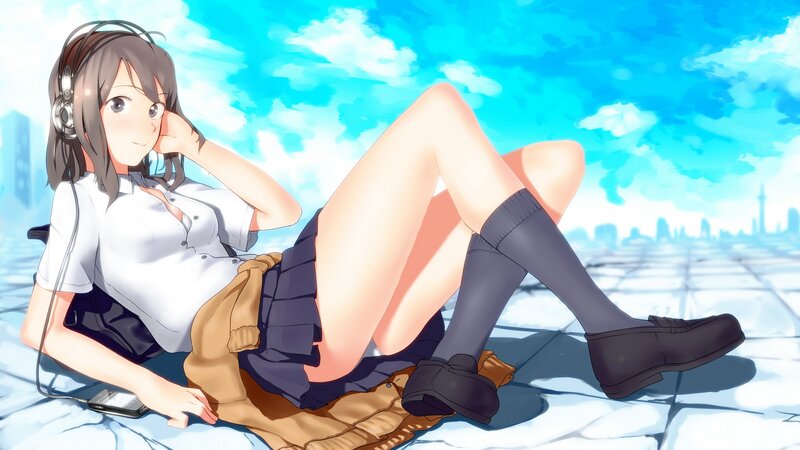 Anime girl relaxing on rooftop