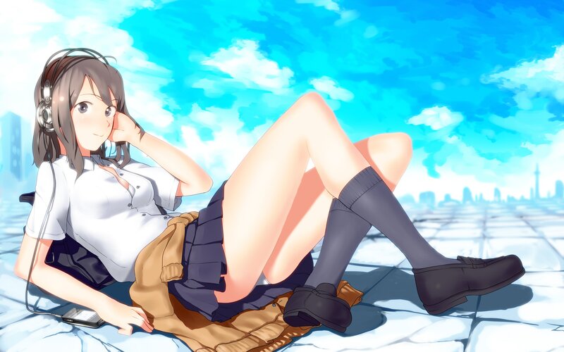 Anime girl relaxing on rooftop